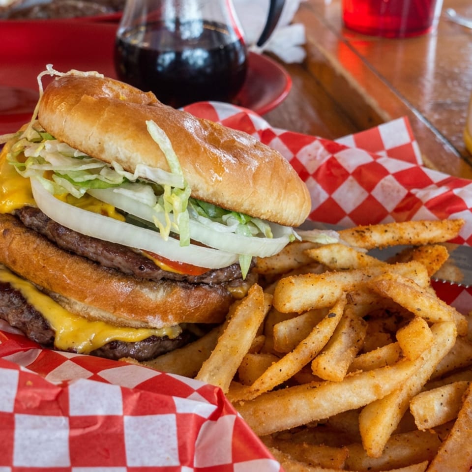 Double cheeseburger topped with lettuce and onions, served with seasoned fries and ketchup in a checkered basket.