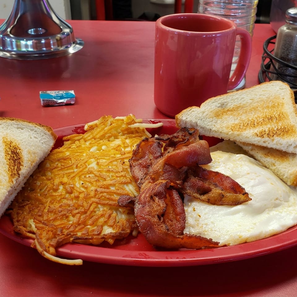Classic diner breakfast plate with eggs, bacon, hash browns, toast, and a red coffee mug on a counter.