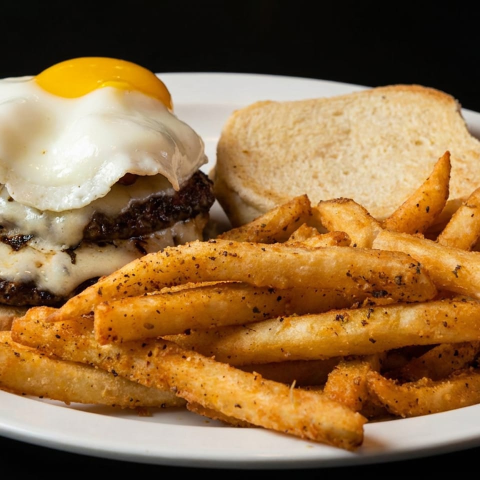 Double cheeseburger topped with a fried egg, served with seasoned fries and toasted bread on a white plate.