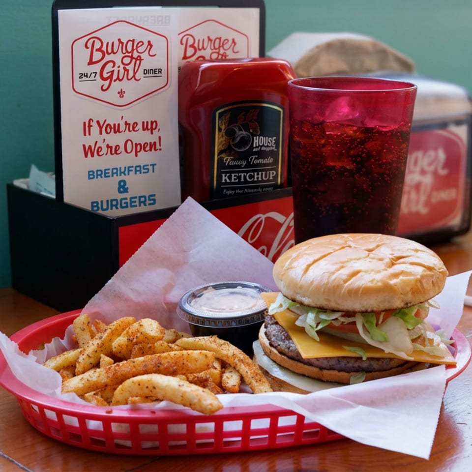Burger with lettuce, tomato, and cheese served with seasoned fries, dipping sauce, and cola on a diner table.