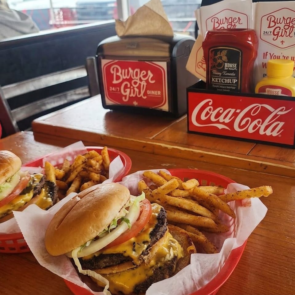 Two cheeseburgers with lettuce, tomato, and fries sit in red baskets on a wooden Burger Girl diner table.
