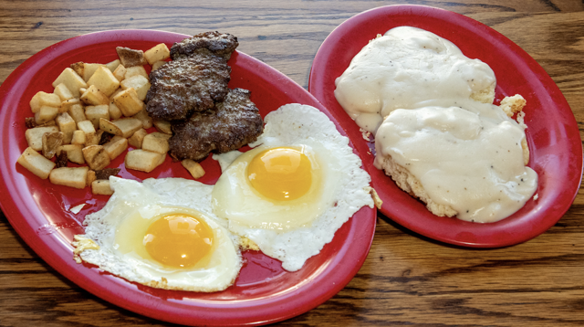 2 Eggs, Hash Browns, Bacon or Sausage & Toast.