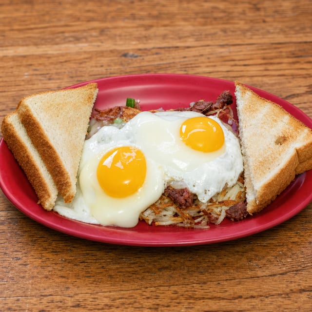 2 Pancakes, 2 Eggs & Bacon or Sausage.