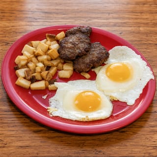 2 Eggs, Hash Browns, Bacon or Sausage & Toast