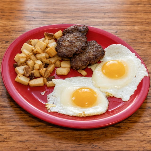 2 Eggs, Hash Browns, Bacon or Sausage & Toast.