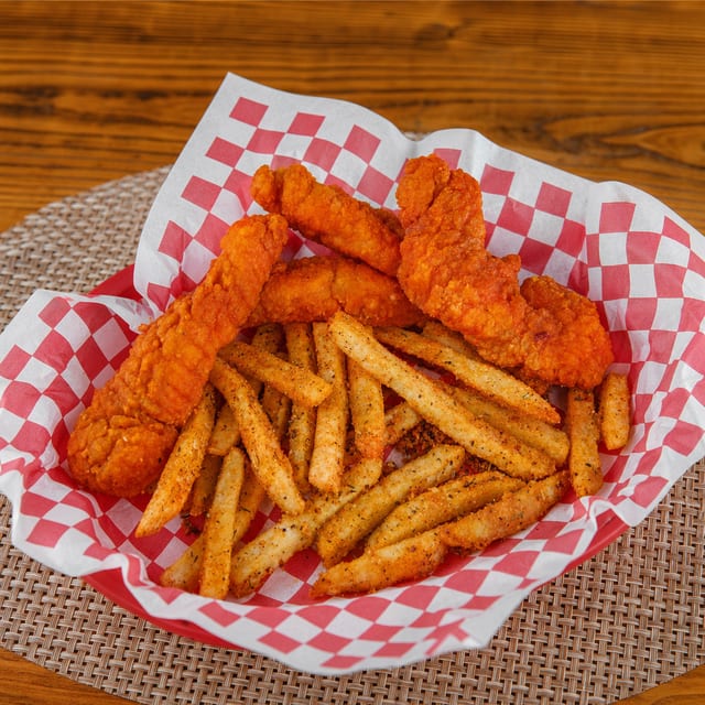 Fried Buffalo Chicken Tenders with Fries.
